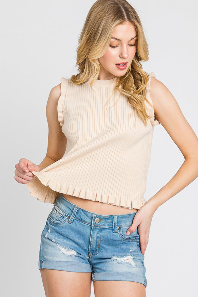 Ruffle Ribbed Sweater Sleeveless Tank Top