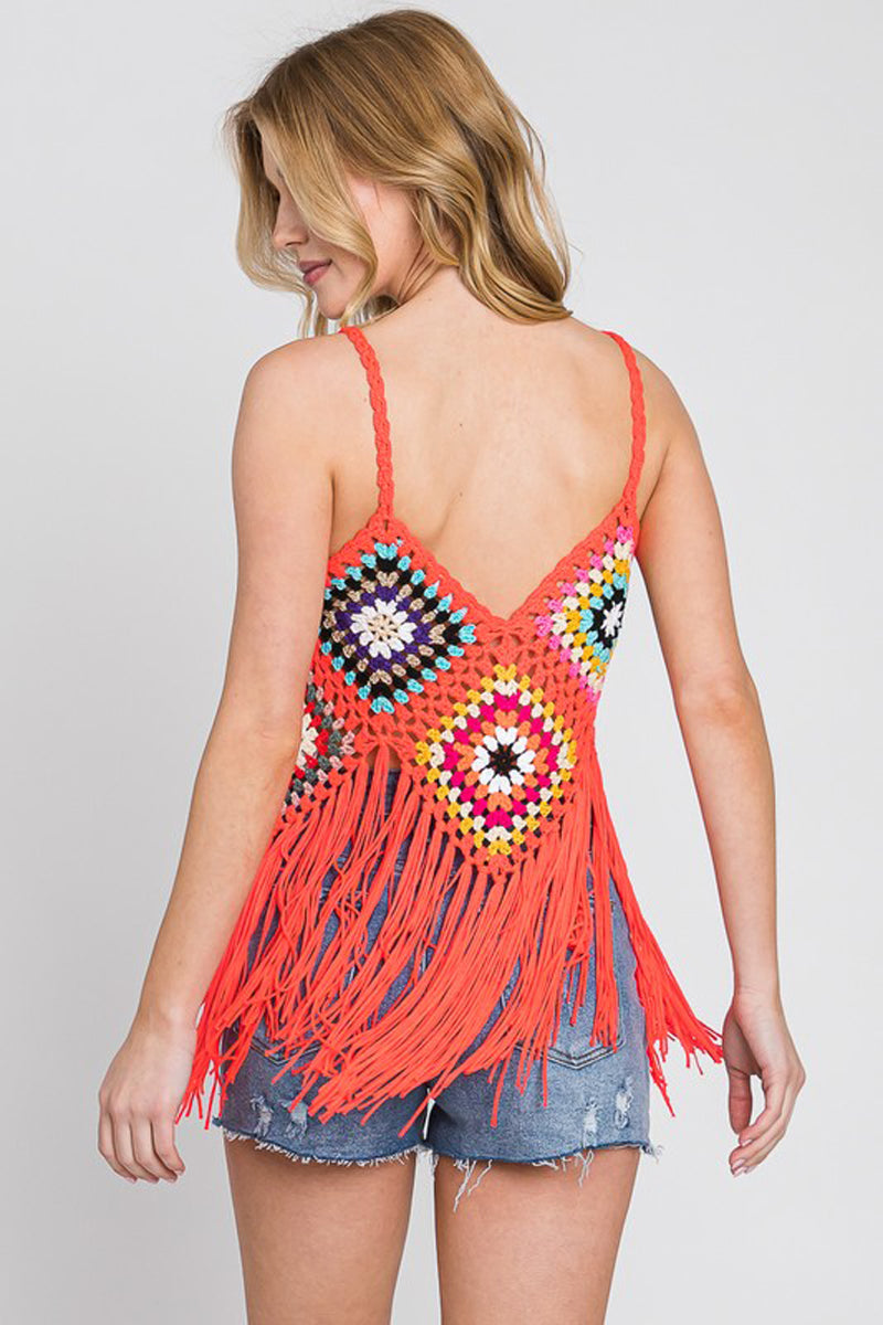 Crochet Fringe Hem Sleeveless Beachwear Cover
