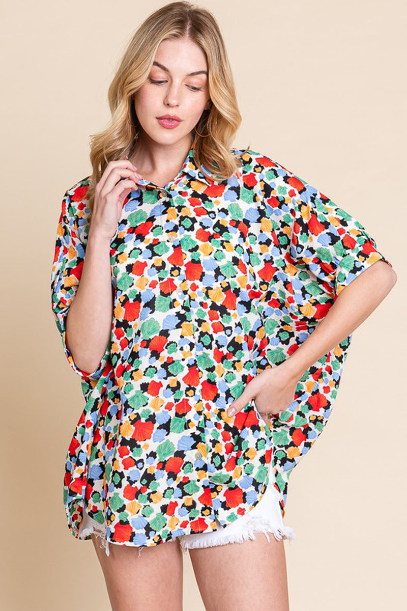 Oversized Floral Print Oxfort Blouse