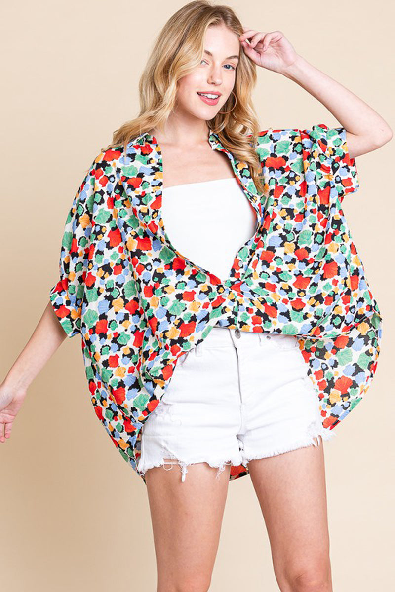 Oversized Floral Print Oxfort Blouse