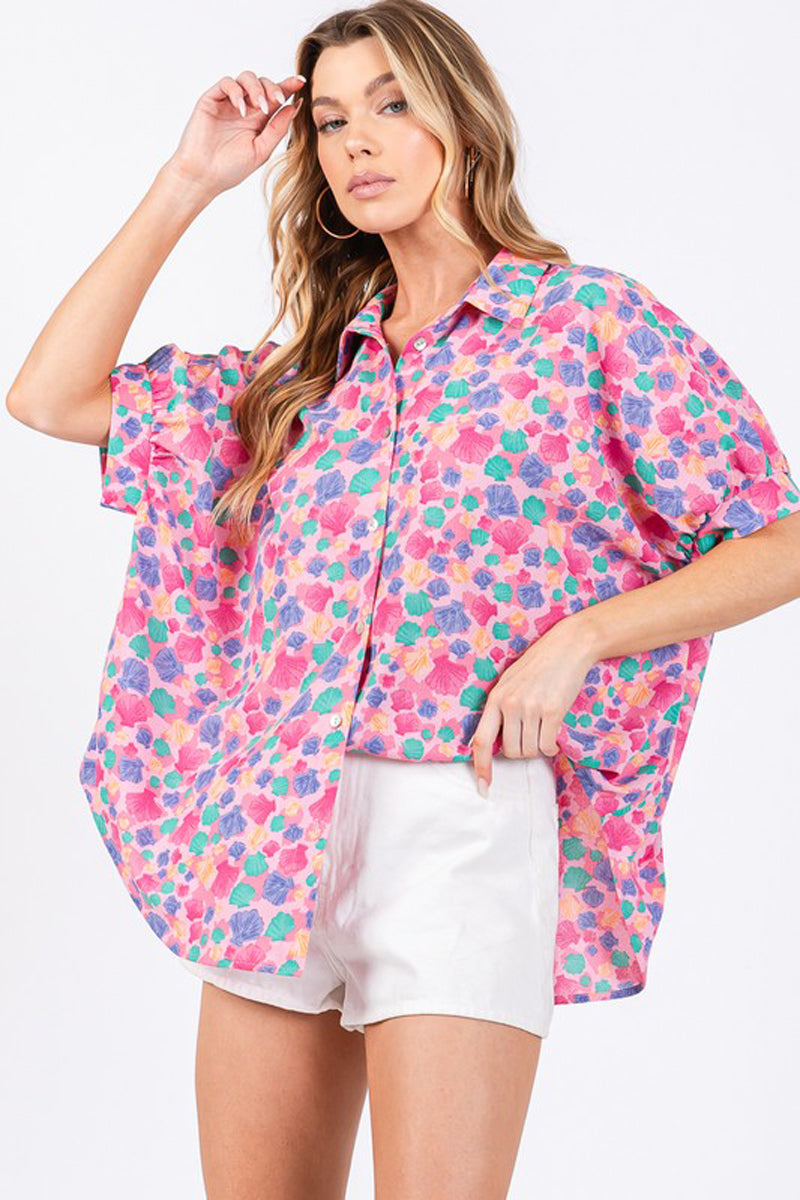 Oversized Floral Print Oxfort Blouse