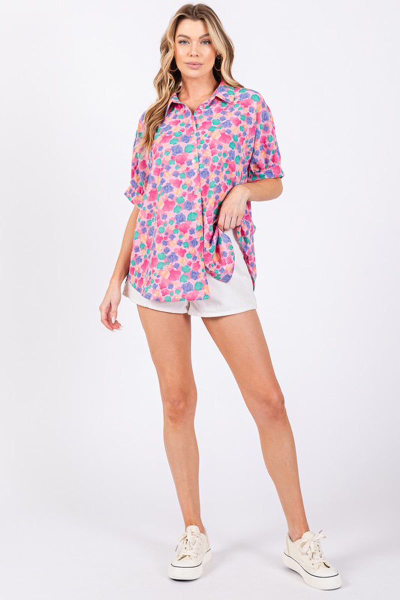 Oversized Floral Print Oxfort Blouse