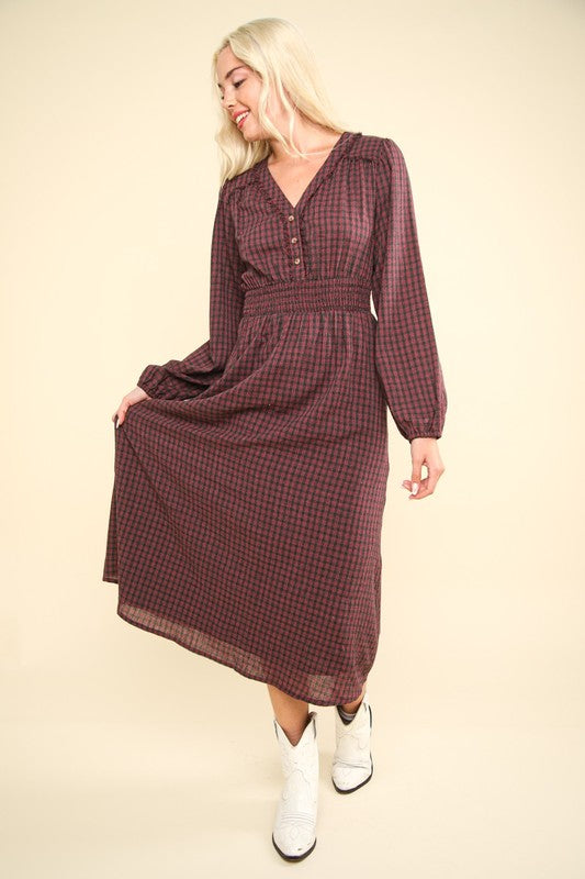 V-Neck Smocking Long Sleeve Plaid Midi Dress