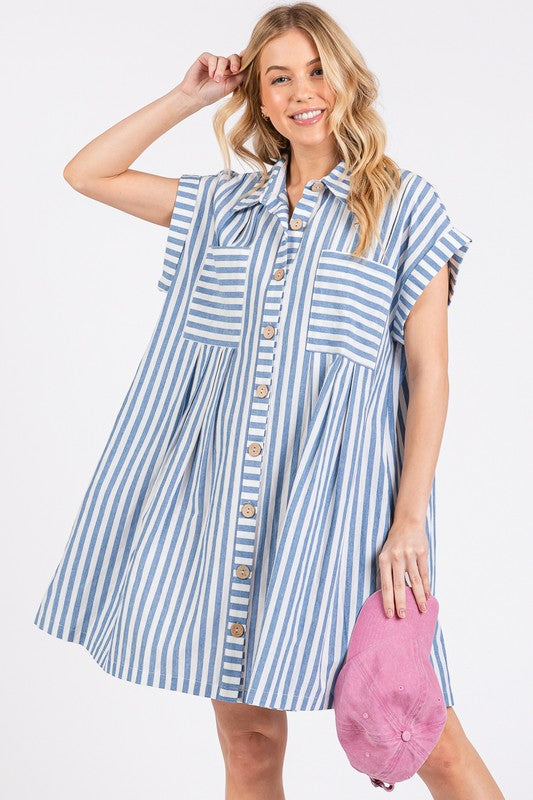 Cotton Striped Button Down Tunic Dress