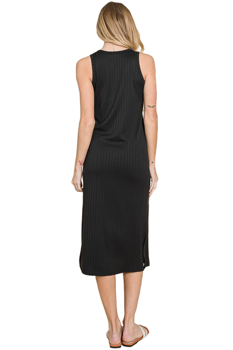 Sleeveless Rib Knit Dress with Patched Pocket