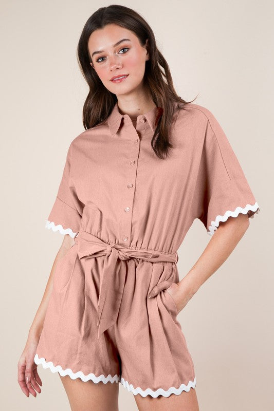 Wave Trim Detail Button Down Woven Romper