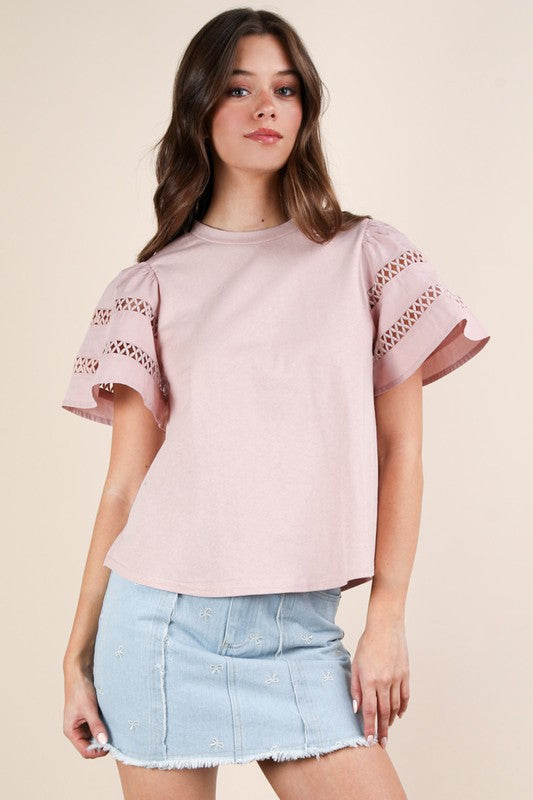 Lace Trim Sleeve Solid Knit Top