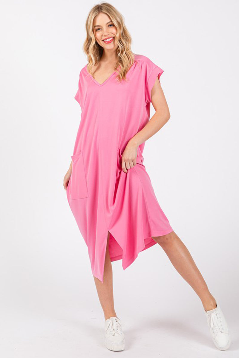 Modal Solid V-neck Short Sleeve Dress