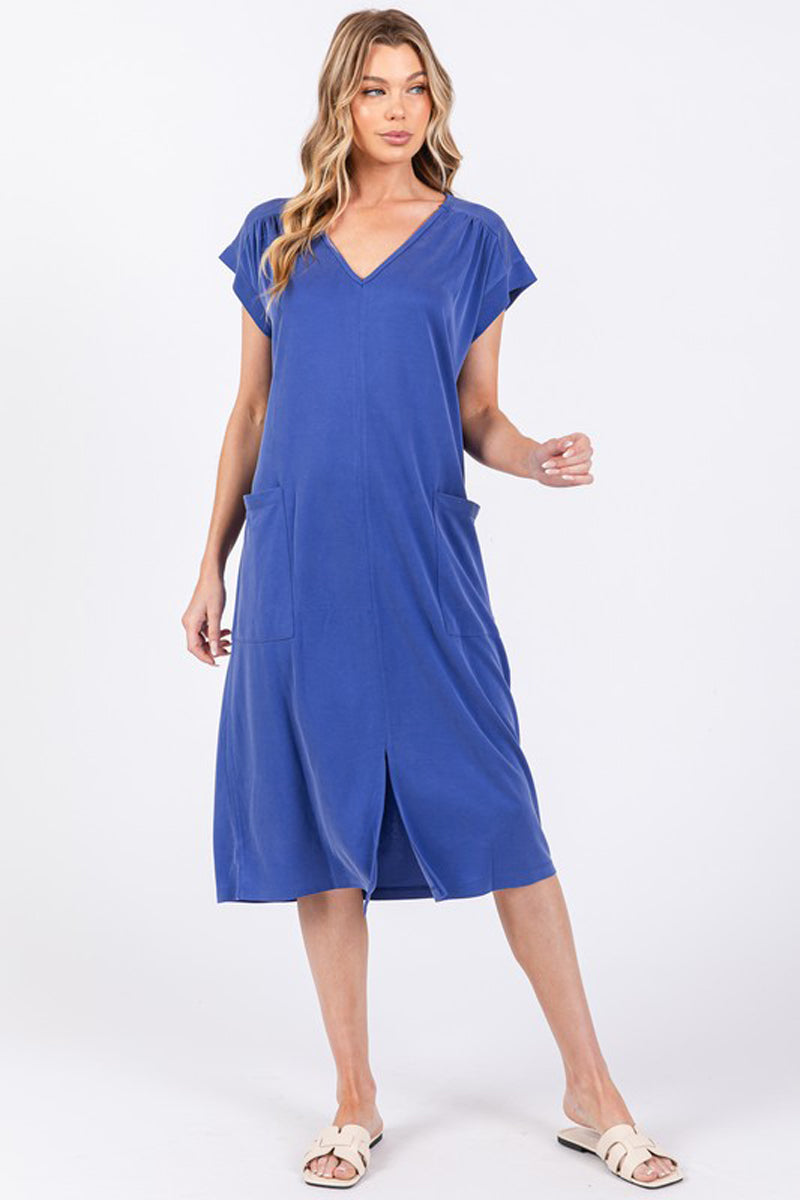 Modal Solid V-neck Short Sleeve Dress