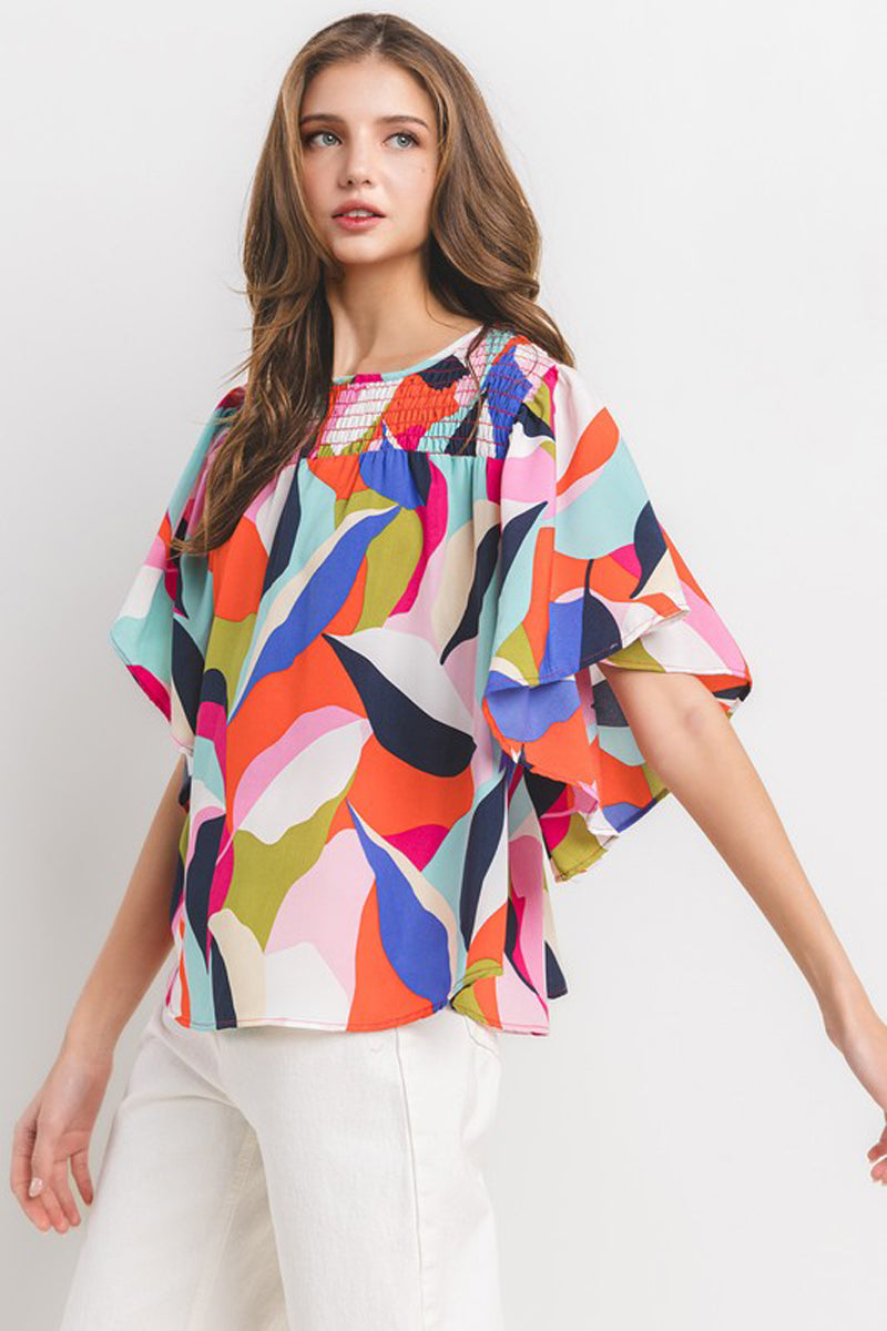 Multicolor Print Smocked Blouse