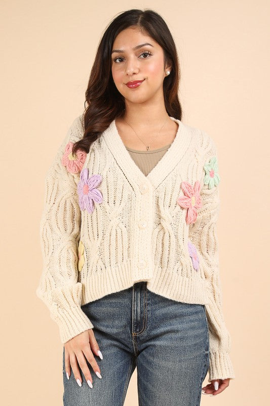 Hand-Made Flower Applique Knit Sweater Cardigan