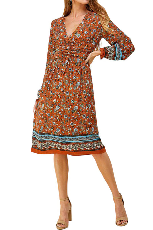 Bohemian Printed Midi Dress with Shirring Detail