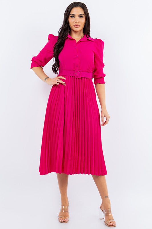 Shirt Dress with Pleated Midi Skirt Three-Quarter Sleeve Belt