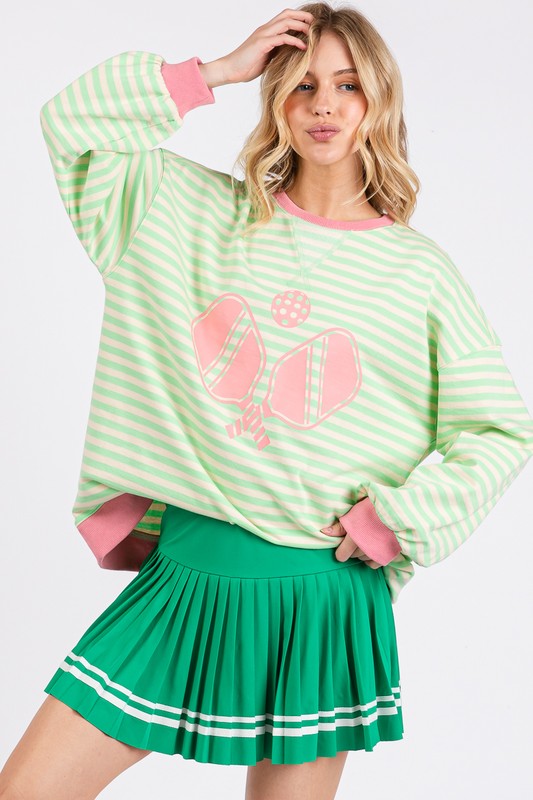 Oversized Striped Pickleball Print Sweatshirt