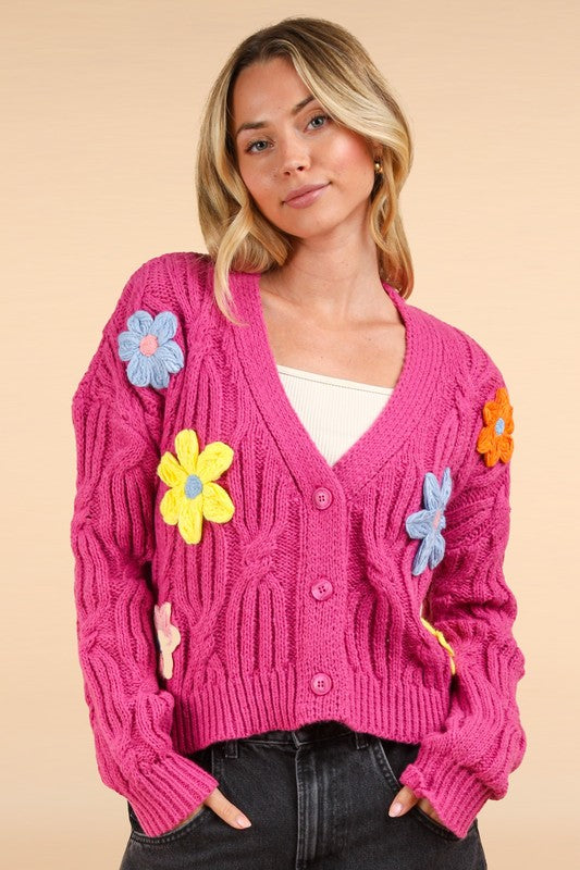 Hand-Made Flower Applique Knit Sweater Cardigan