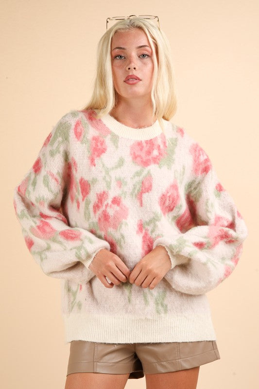 Soft Cozy Floral Print Knit Sweater Top