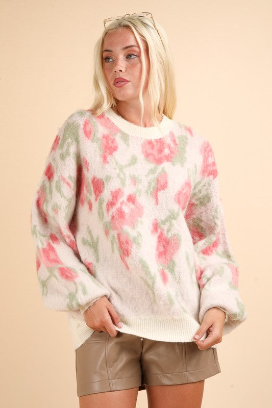 Soft Cozy Floral Print Knit Sweater Top