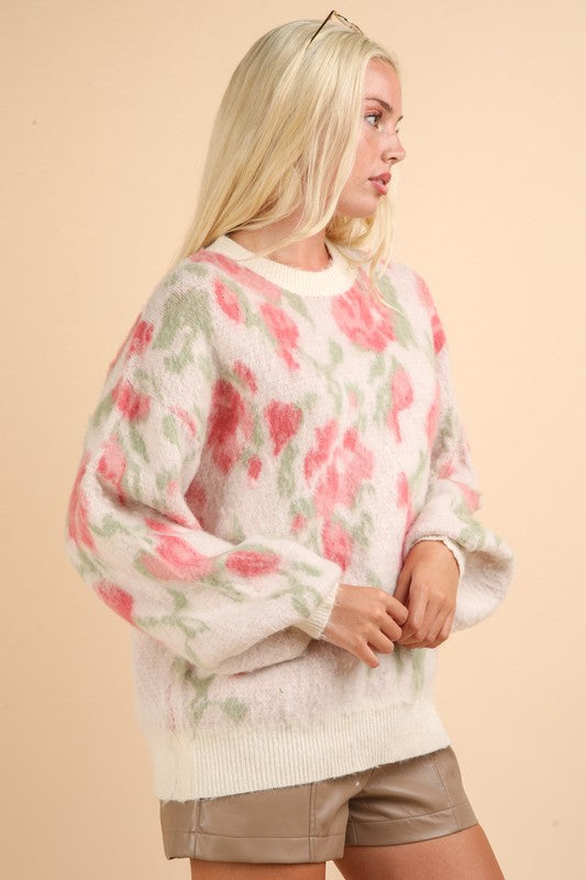 Soft Cozy Floral Print Knit Sweater Top