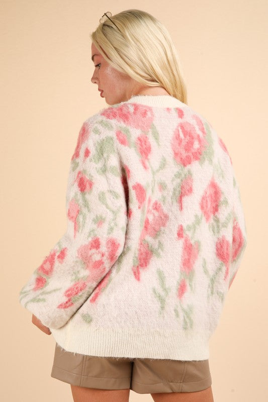 Soft Cozy Floral Print Knit Sweater Top