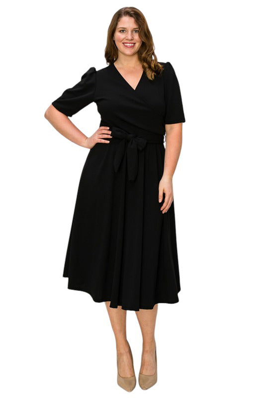 Wrap Midi Dress with Puff Shoulder Plus Size