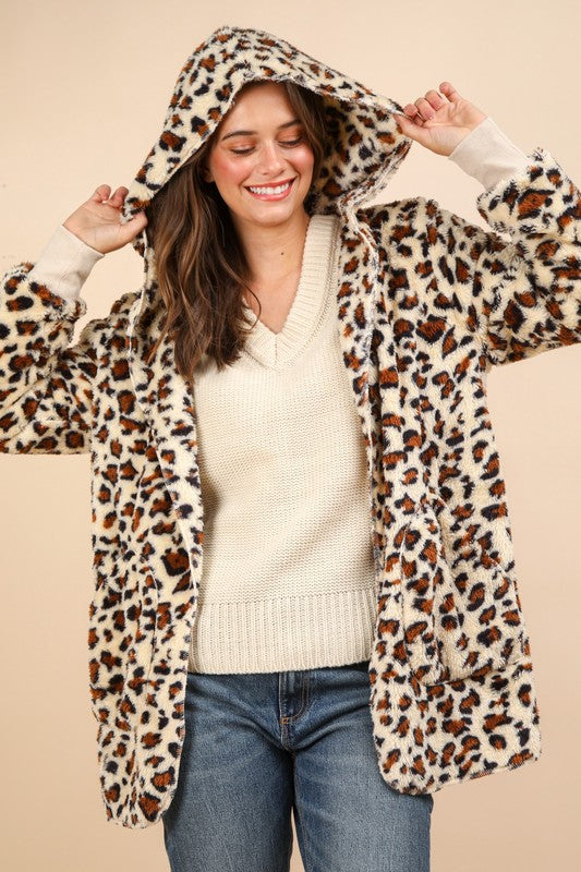 Oversized Faux Fur Lightweight Hooded Printed Jacket