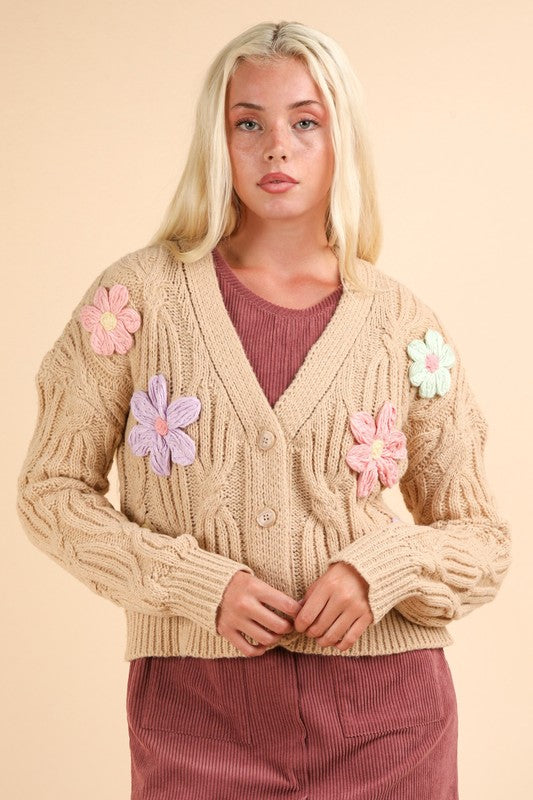 Hand-Made Flower Applique Knit Sweater Cardigan