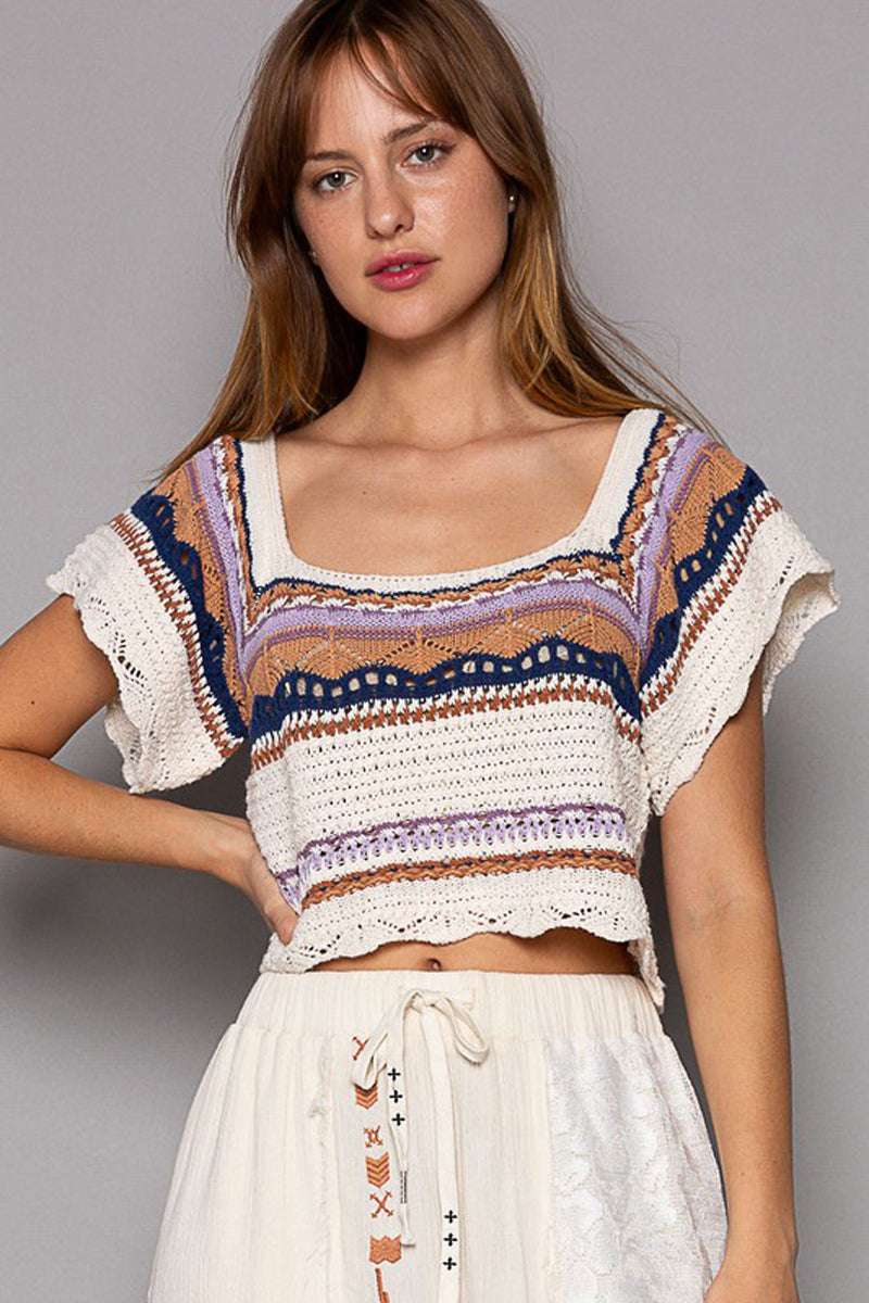 Cropped Ethnic Pattern Square Neck Sweater Top