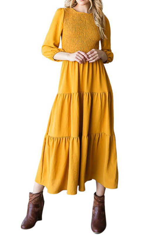 Summer Three-Quarter Puff Sleeve Smocked Tiered Boho Flowy Maxi Sun Dress