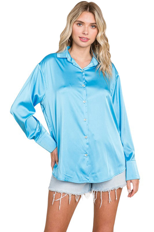 Collared Satin Button Down Blouse Shirt