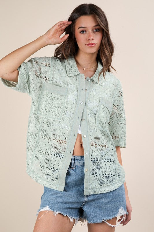 Oversized Crochet Button Down Shirt Top