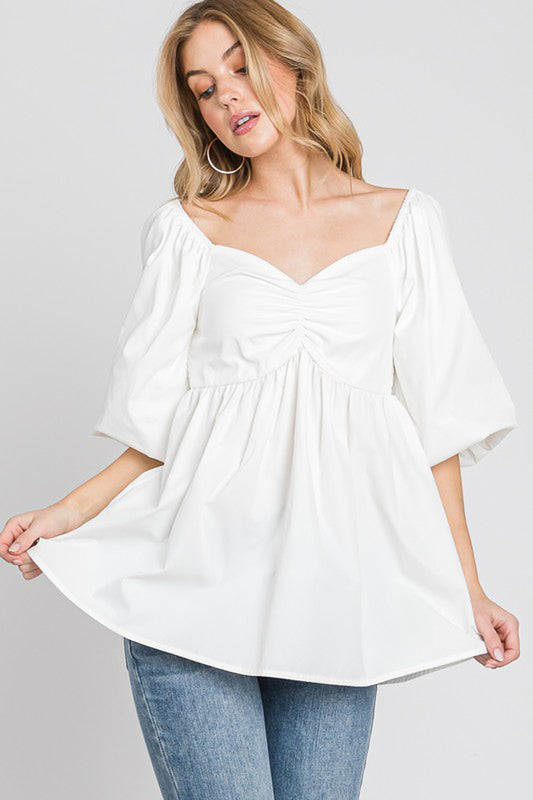 Poplin Puffed Sleeves Smocked Blouse