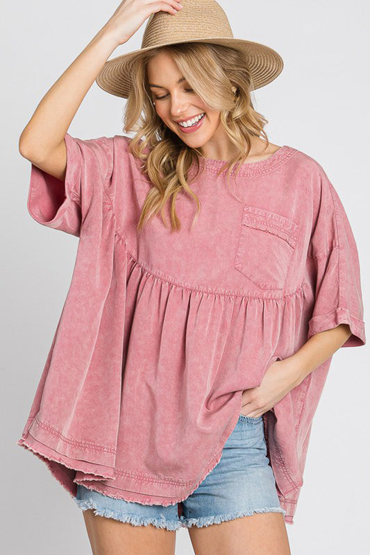 Mineral Wash Fringe Hem Oversized Top