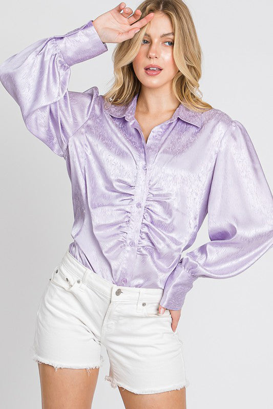 Satin Printed Ruched Button Down Shirt