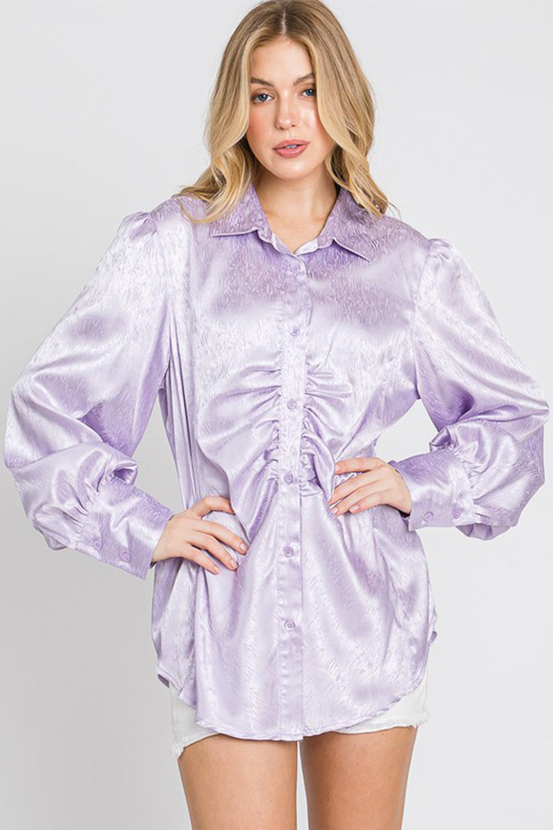 Satin Printed Ruched Button Down Shirt