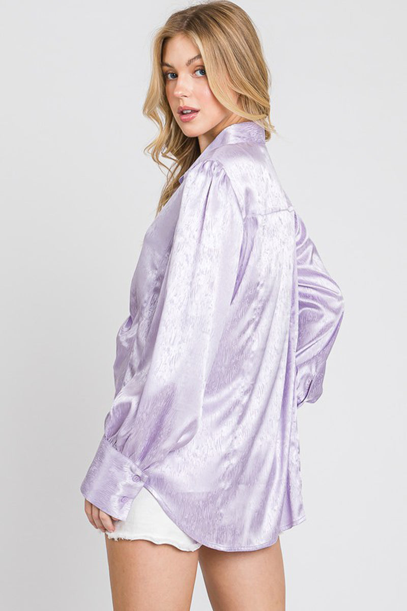 Satin Printed Ruched Button Down Shirt