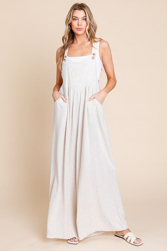 Wide Leg Washed Linen Overall Jumpsuit
