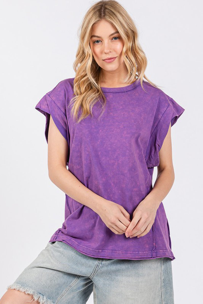 Mineral Washed Sleeve Detailed Top