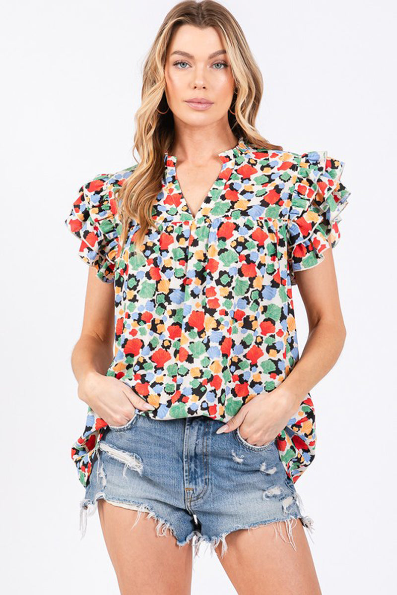 Floral Print Sleeve Ruffle Top