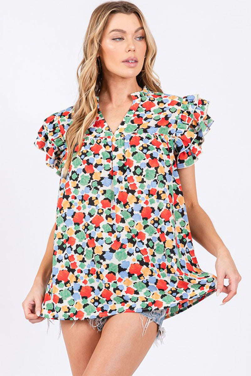 Floral Print Sleeve Ruffle Top