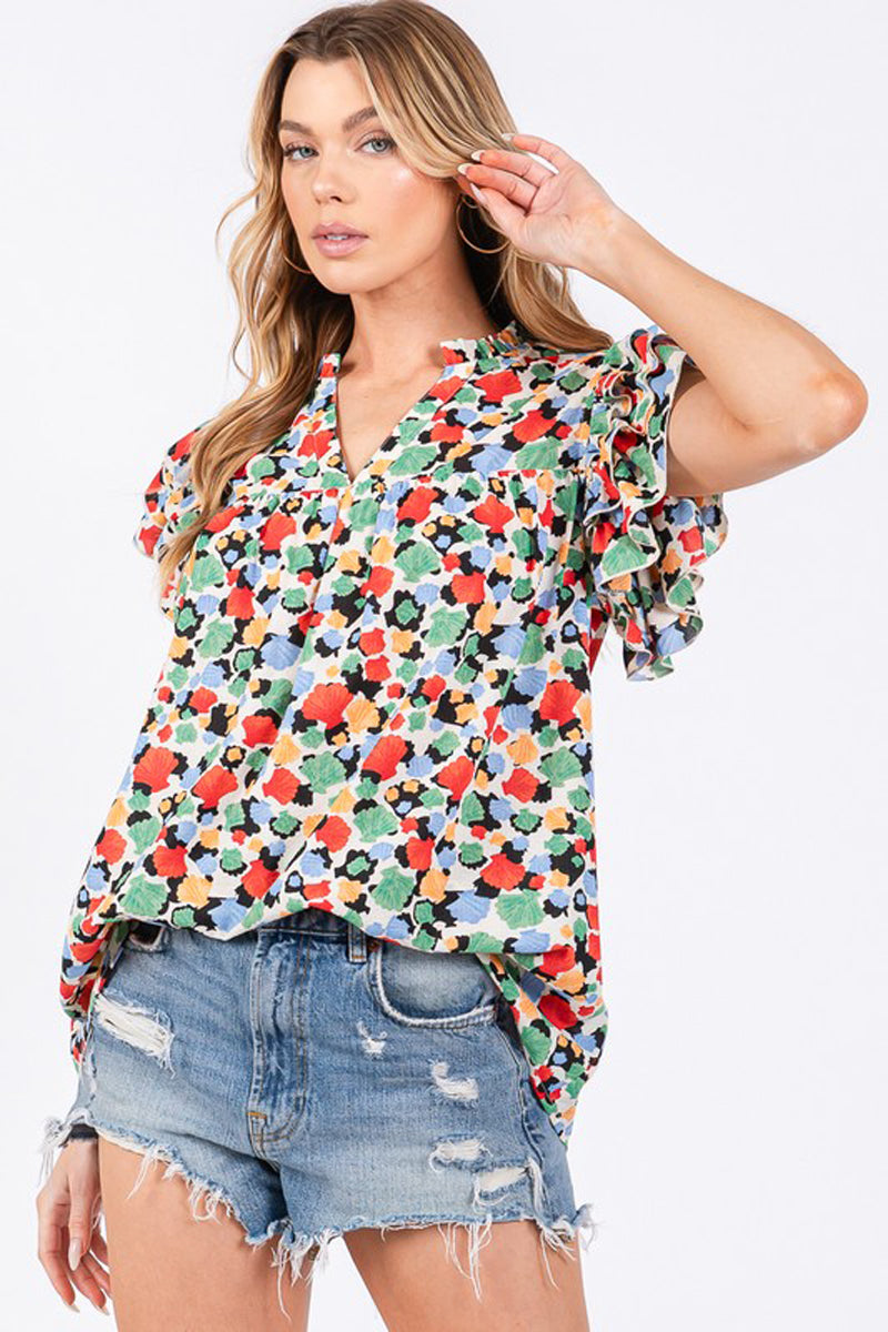 Floral Print Sleeve Ruffle Top