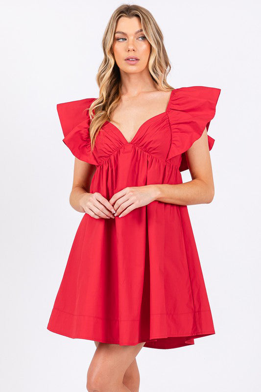 Poplin Ruffle Sleeve Tie Back Dress