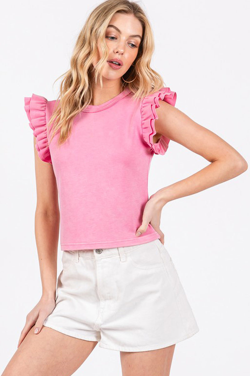 Mineral Washed Ruffle Sleeve Top