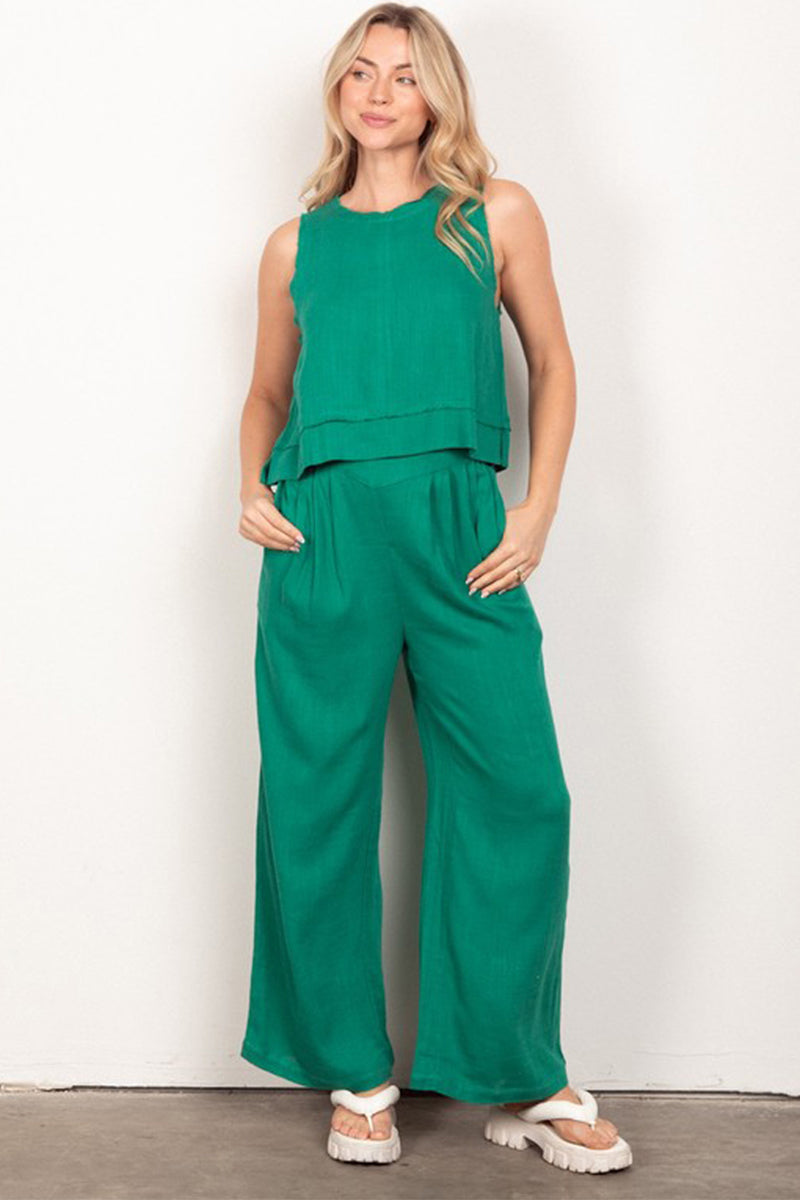 Woven Linen Sleeveless Top and Pants Set