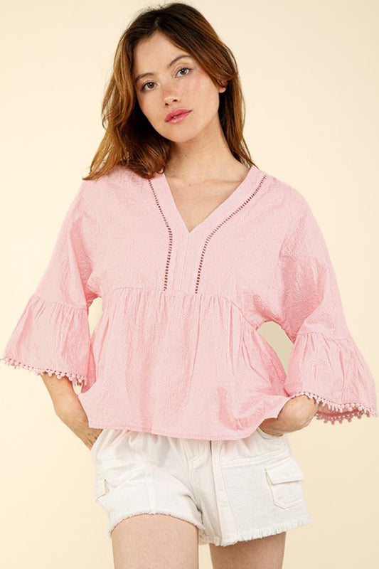 V-Neck Oversized Embroidery Woven Blouse Top