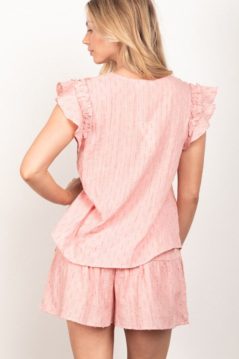 Solid Cotton Woven Top and Ruffled Shorts Two Piece Set