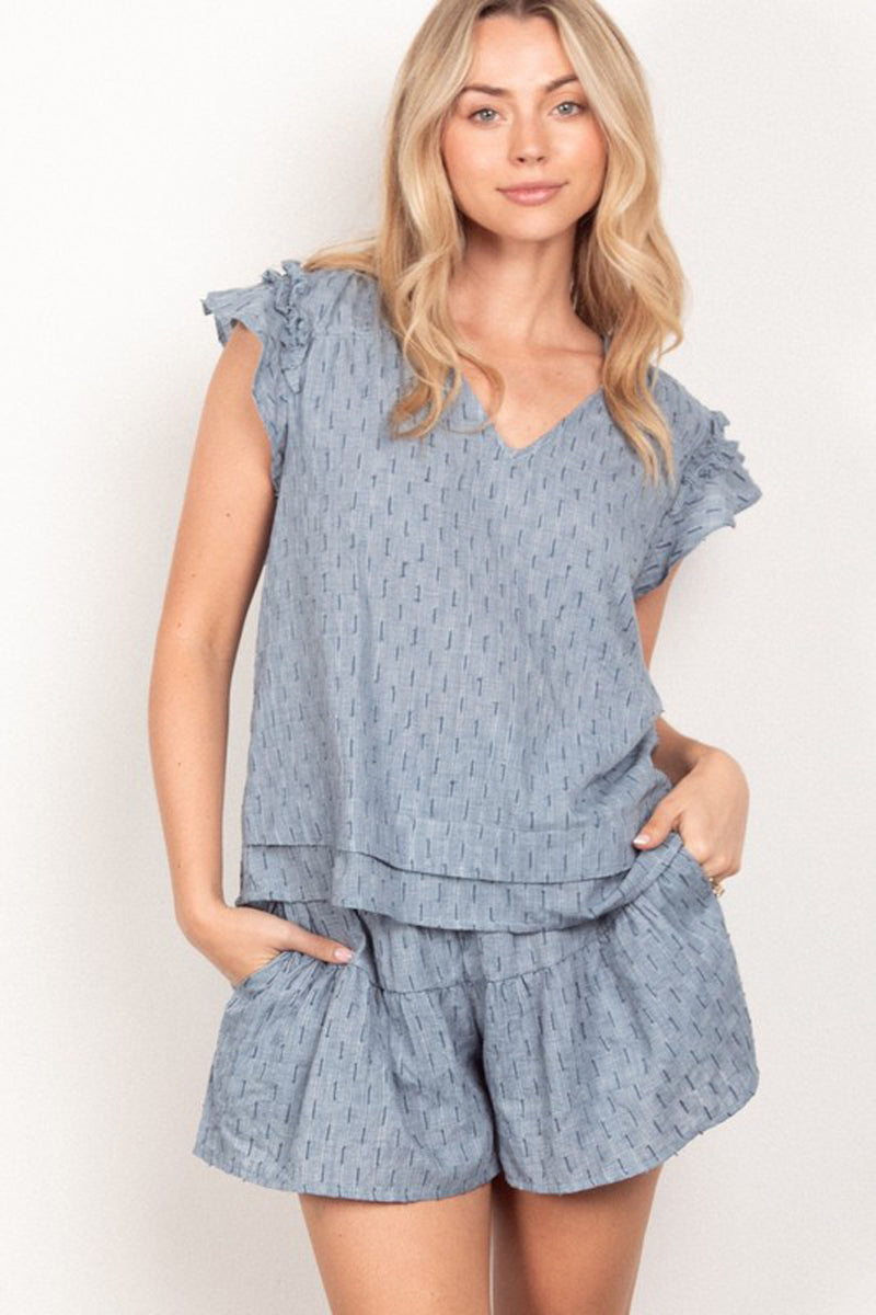 Solid Cotton Woven Top and Ruffled Shorts Two Piece Set