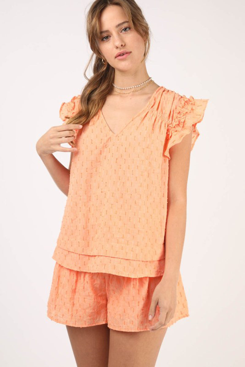 Solid Cotton Woven Top and Ruffled Shorts Two Piece Set