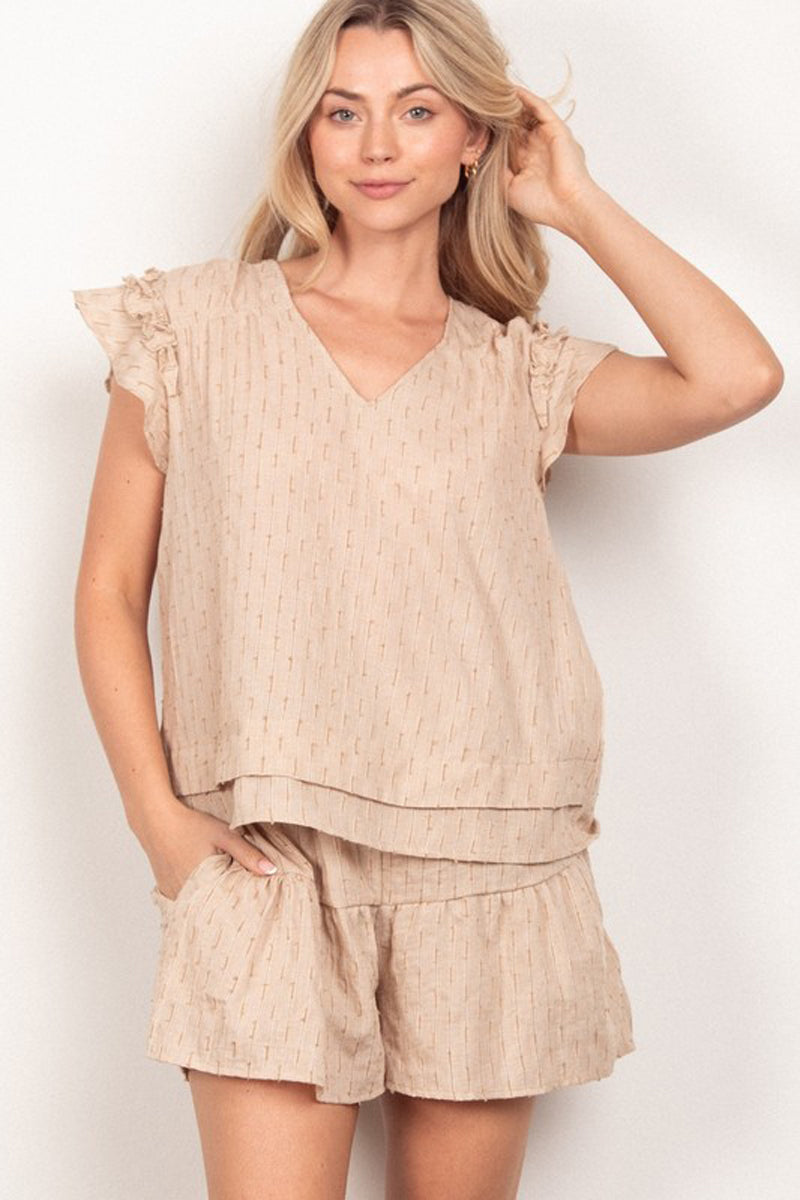 Solid Cotton Woven Top and Ruffled Shorts Two Piece Set