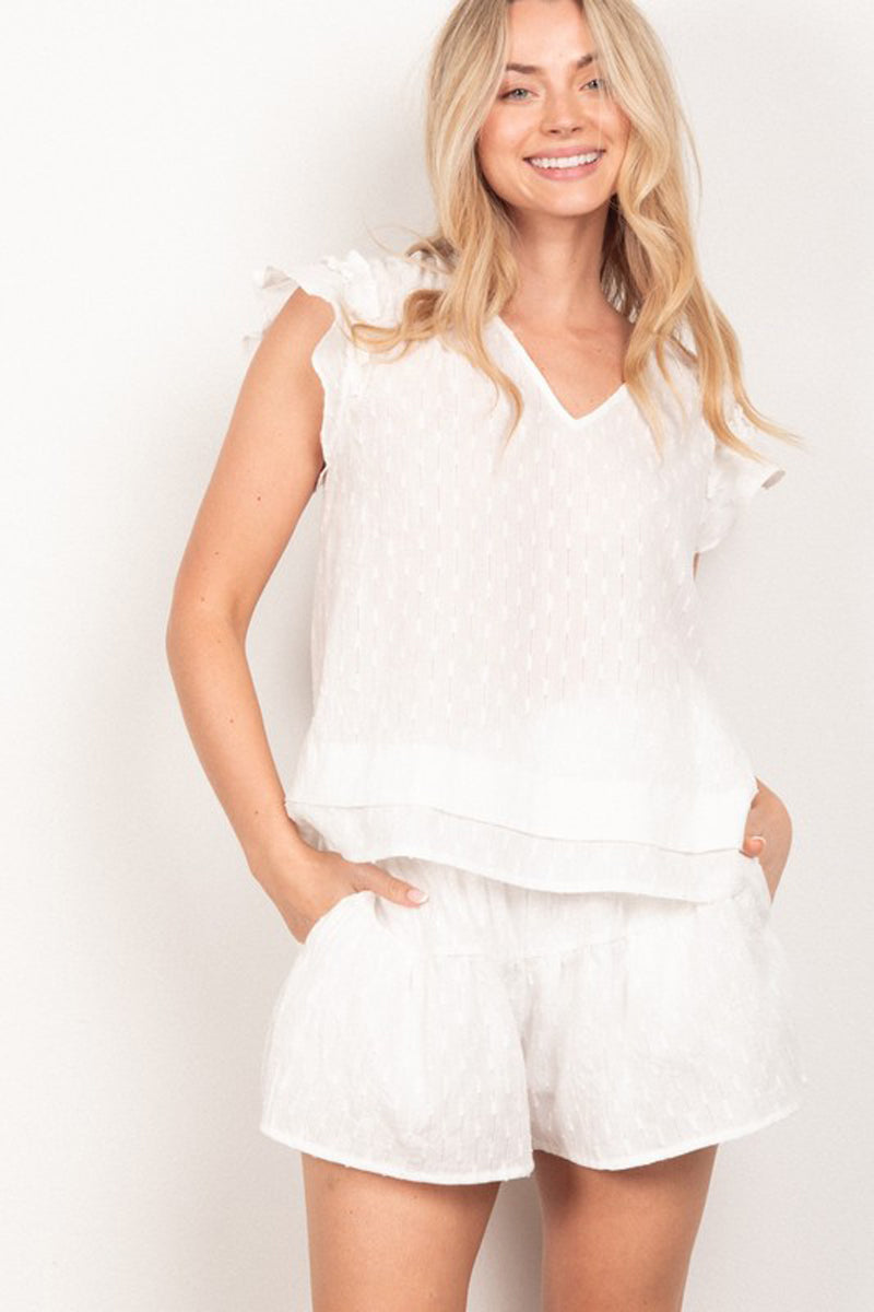 Solid Cotton Woven Top and Ruffled Shorts Two Piece Set