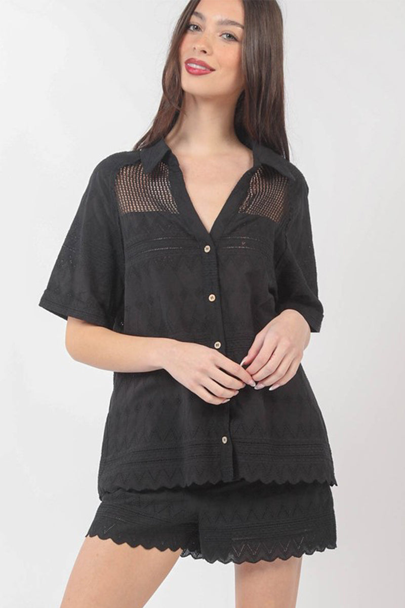 Eyelet Cotton Lace Raglan Sleeve Shirt Top